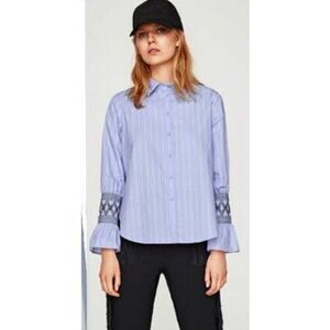 Zara Basic Women’s Bell Sleeve Striped Button Up Long Sleeve work Blouse Size